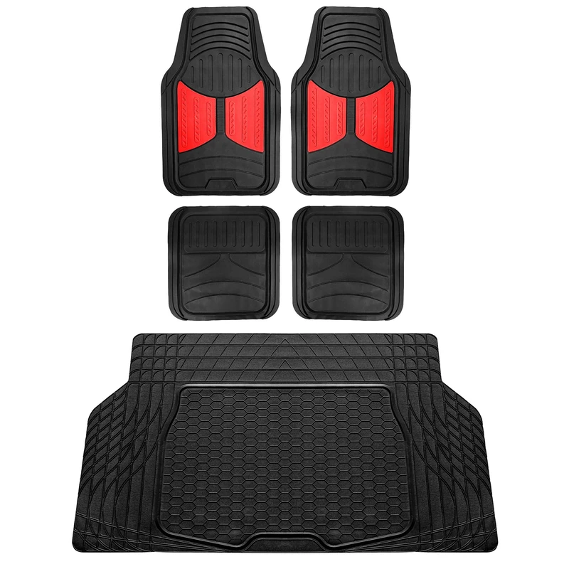 FH GROUP F11313 Monster Eye Full Set Rubber Floor Mats, Red/Black Color w. F16403 Trimmable Vinyl Trunk Liner/Cargo Mat Black- Fit Most Car, Truck, SUV, or Van