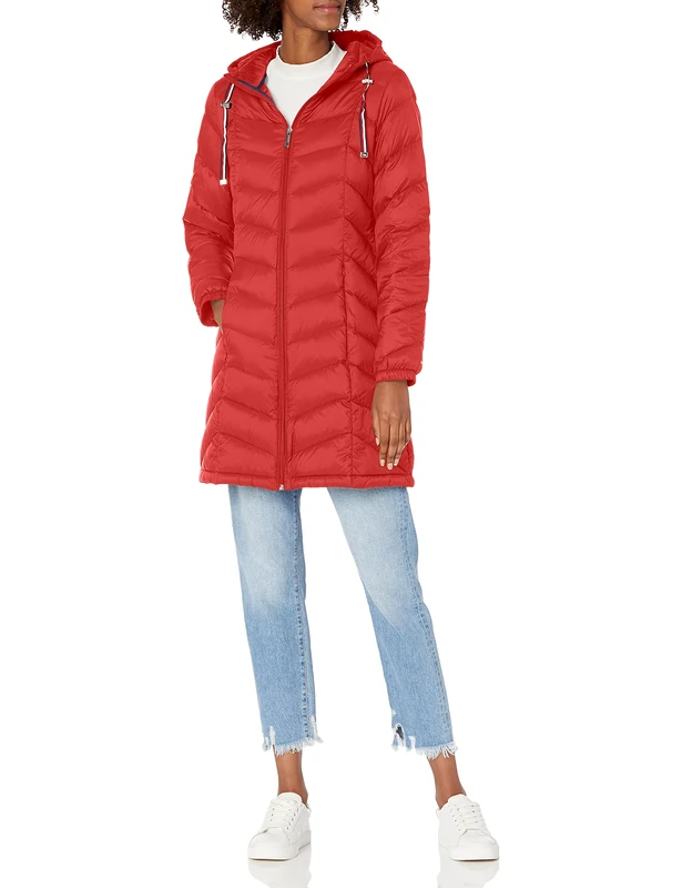 Tommy Hilfiger Women's Long Down Puffer Jacket Down Coat, Chevron Packable Crimson, S