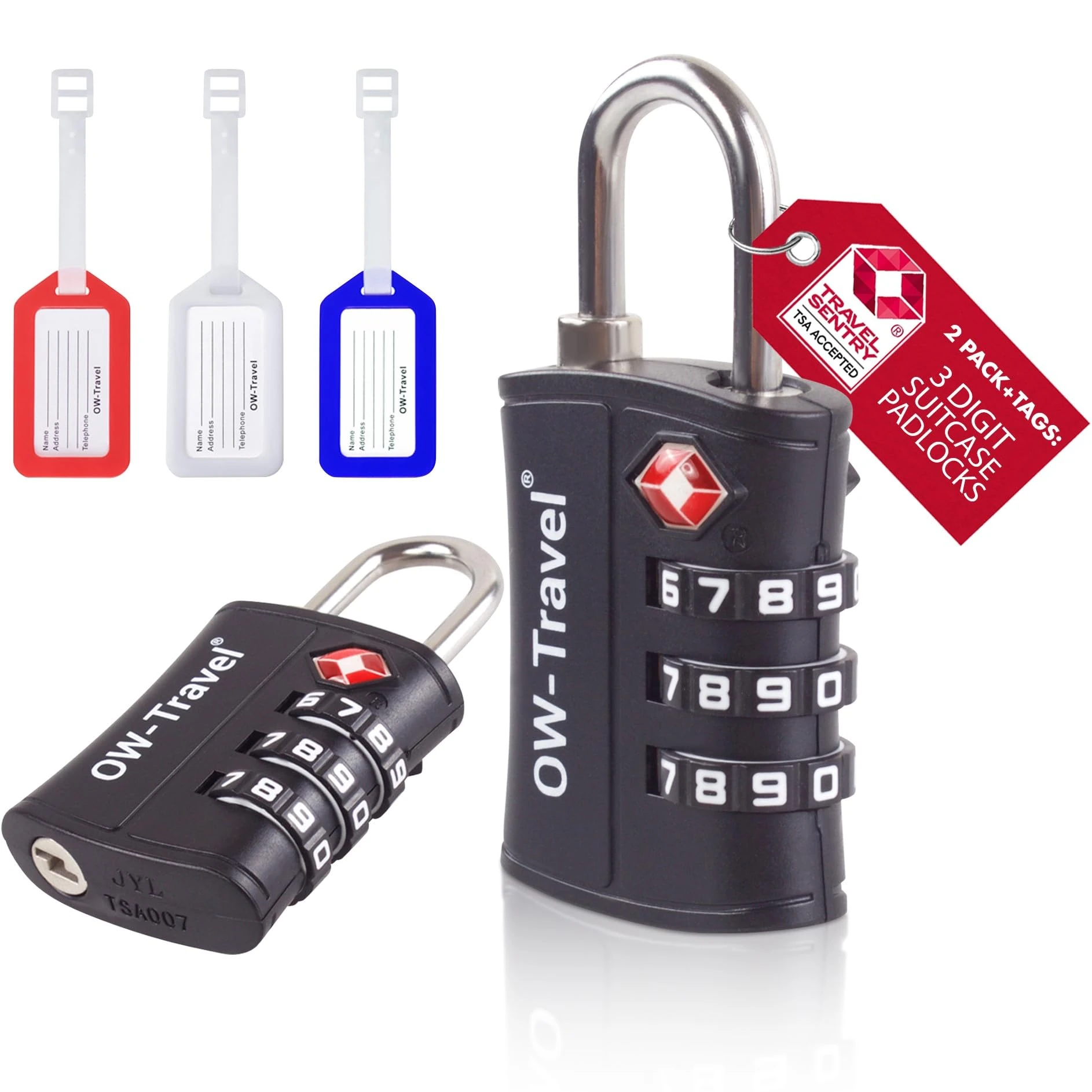 OW-Travel TSA Approved Luggage Locks Suitcase Locks (2 Pack + 3 Tags) ABS Plastic 3 Digit Security Suitcase Padlock. Travel Bag Combination Luggage Padlocks for Suitcases. TSA Travel Lock Bags Cases
