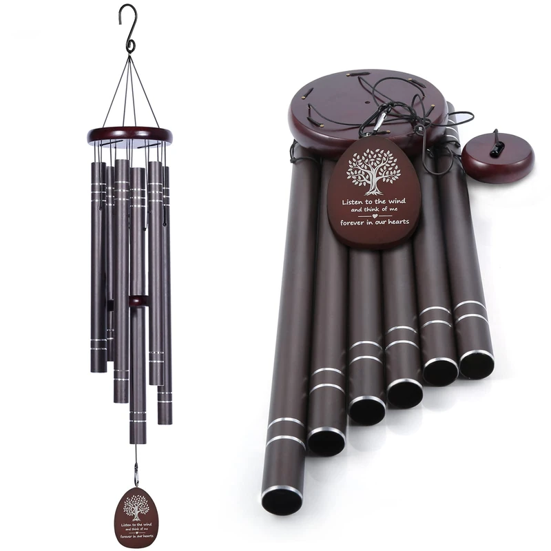 Suntimber Large Sympathy Wind Chimes Outdoor 42" Memorial, Deep Tone, Brown, Rustic, Funeral, 6 Aluminium Tubes, Powder Coated, Garden, Durable