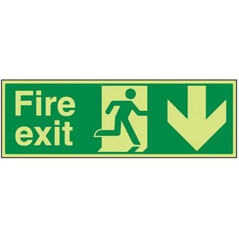 V Safety Glow In The Dark Fire Exit Arrow Down Sign - 600mm x 200mm - Self Adhesive Vinyl