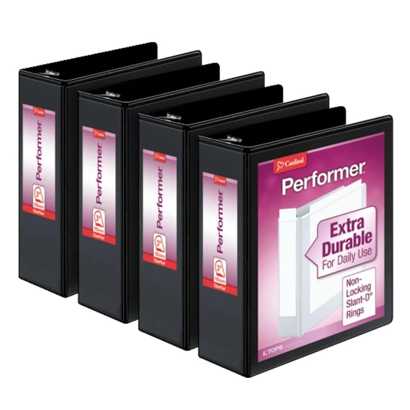 Cardinal Performer 3-Ring Binders, 3", Non-Locking Slant-D Rings, 725-Sheet Capacity, ClearVue Presentation, Non-Stick, PVC-Free, Black, 4-Pack (27601)