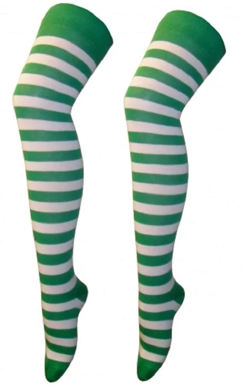 Crazy Chick Over-The-Knee Striped Socks - White/Green Thigh-High