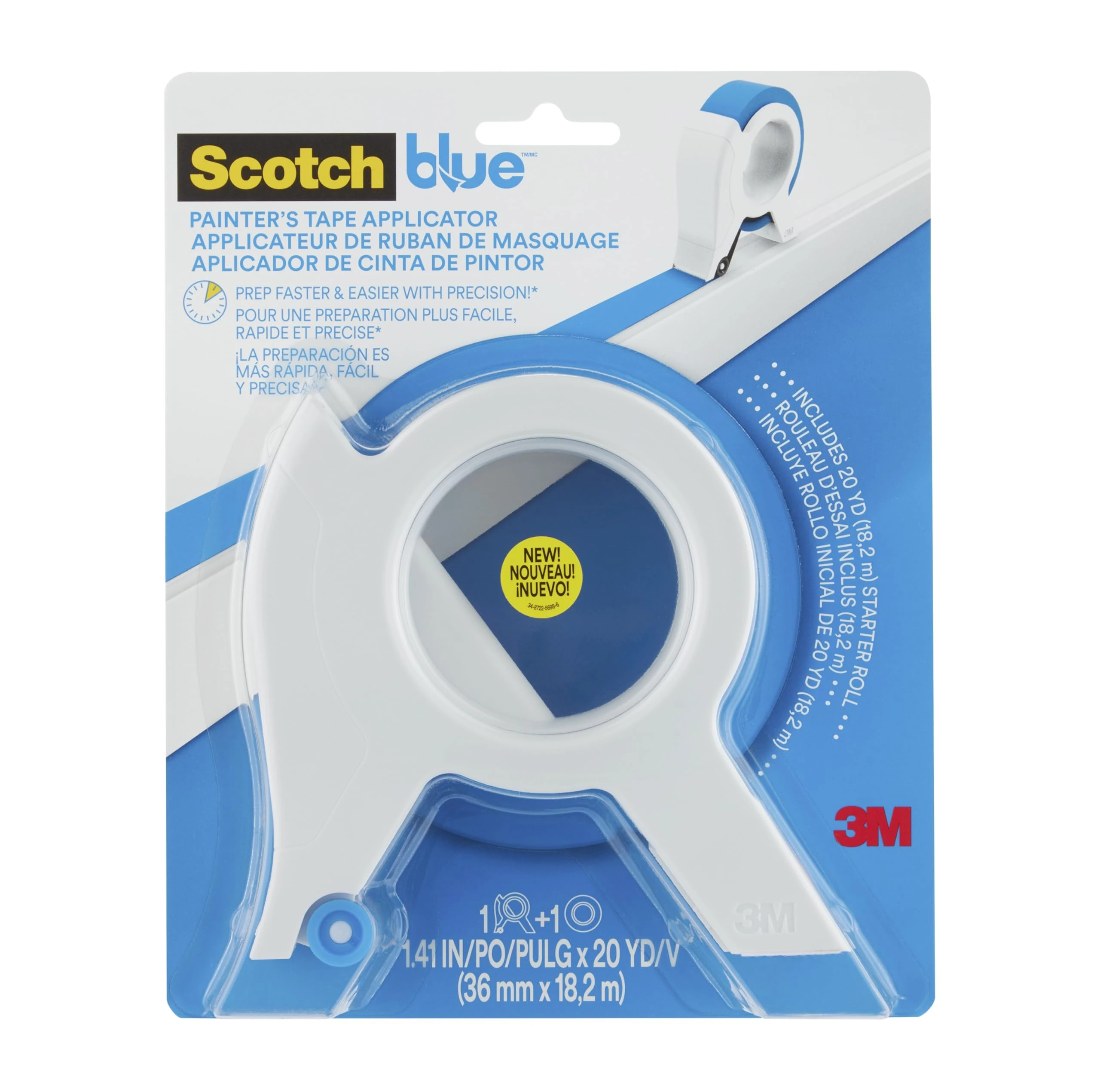 ScotchBlue Masking Tape Applicator with 1 Roll (36mm x 18.2m) - Multi-Surface Painter’s Tape with Easy-Grip Tool for Precise Application on Trim, Skirting Boards, Windows & Door Frames