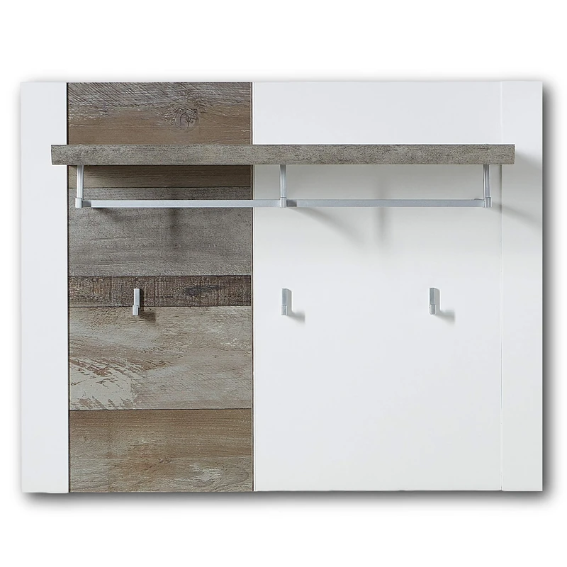 Stella Trading Mateo Wide Coat Rack in White with Driftwood Look-Modern Hat Shelf & Re Wall Hooks for Jackets & Bags, Wood, 90 x 70 x 29 cm