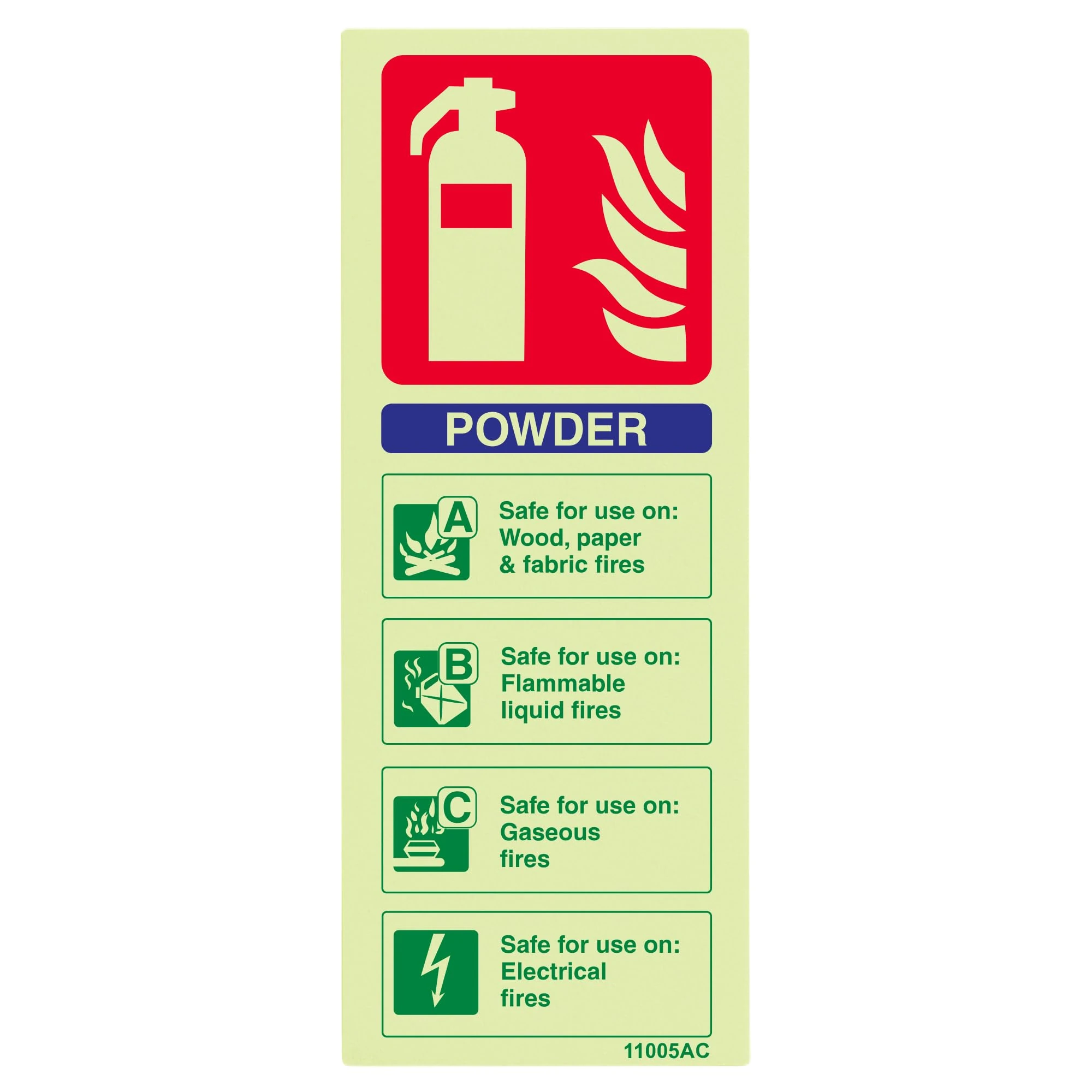 V Safety Glow In The Dark Powder Id Fire Extinguisher Sign - 75mm x 200mm - Self Adhesive Vinyl