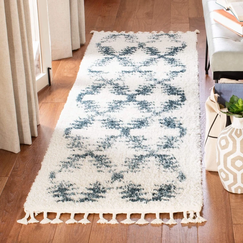 Safavieh Moroccan Shaggy Indoor Woven Runner Area Rug, Berber Fringe Shag Collection, BFG524, in Cream / Blue, 66 X 244 cm for Living Room, Bedroom or Any Indoor Space