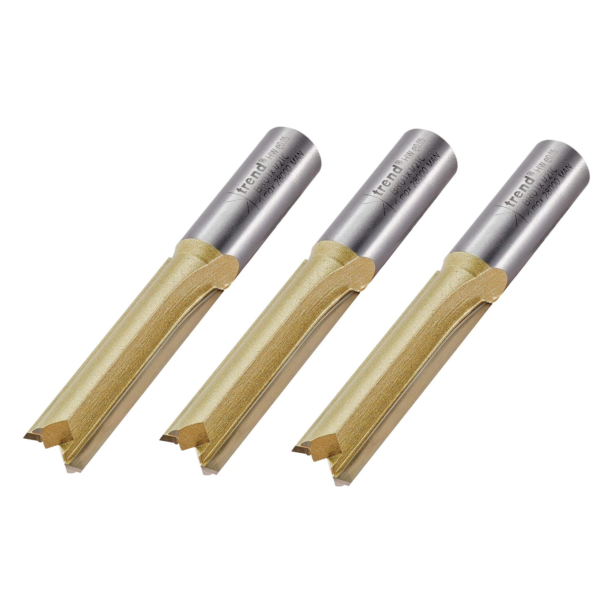 Trend Straight Two Flute Worktop Router Cutter, 1/2 Inch Shank, 12.7mm Cut Diameter & 50mm Cut Length, Tungsten Carbide Tipped, 3 Pack, BR01/3