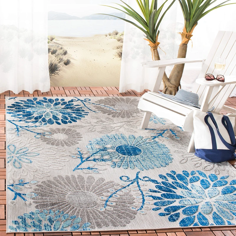 Safavieh Modern Rug for Indoor & Outdoor - Cabana Collection, Short Pile, in Grey and Blue, 120 x 180 cm