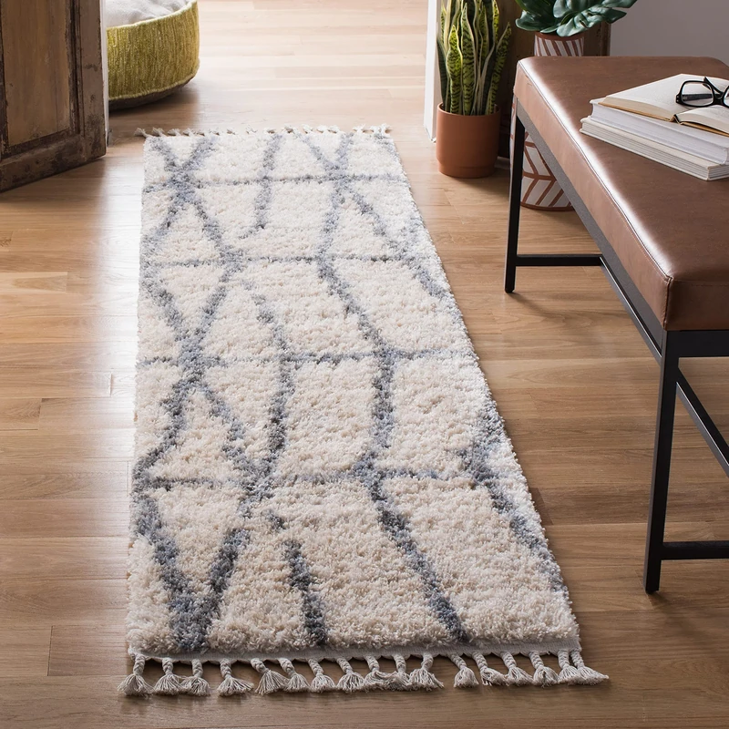 Safavieh Moroccan Shaggy Indoor Woven Runner Area Rug, Berber Fringe Shag Collection, BFG605, in Cream / Grey, 61 X 244 cm for Living Room, Bedroom or Any Indoor Space