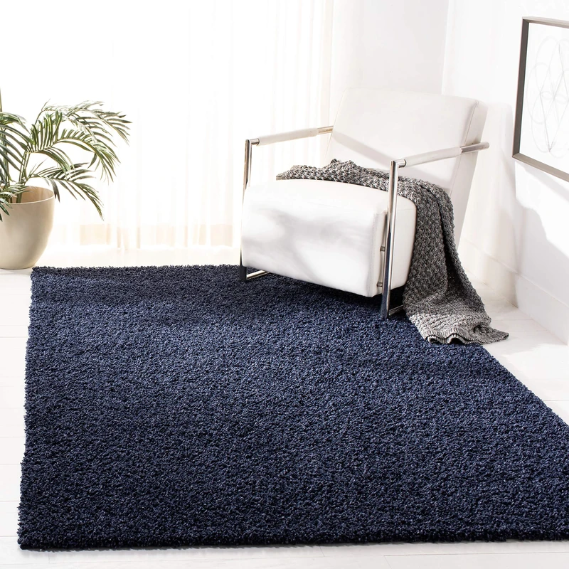 Safavieh Shaggy Indoor Woven Rectangle Area Rug, Primo Shag Collection, PRM300, in Navy, 160 X 229 cm for Living Room, Bedroom or Any Indoor Space