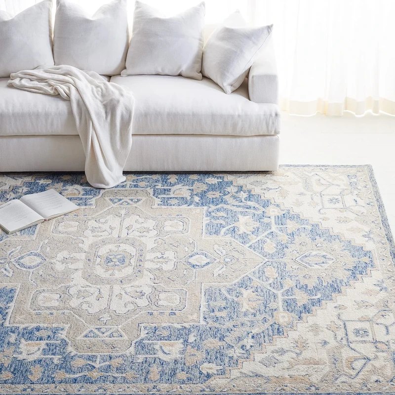 Safavieh Traditional Rug for Living Room, Dining Room, Bedroom - Micro-Loop Collection, Short Pile, in Blue and Ivory, 240 x 300 cm
