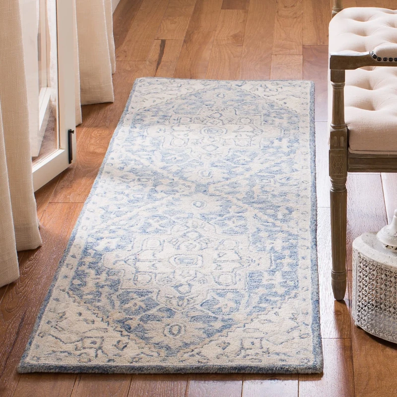 Safavieh Traditional Rug for Living Room, Dining Room, Bedroom - Micro-Loop Collection, Short Pile, in Blue and Ivory, 62 x 240 cm