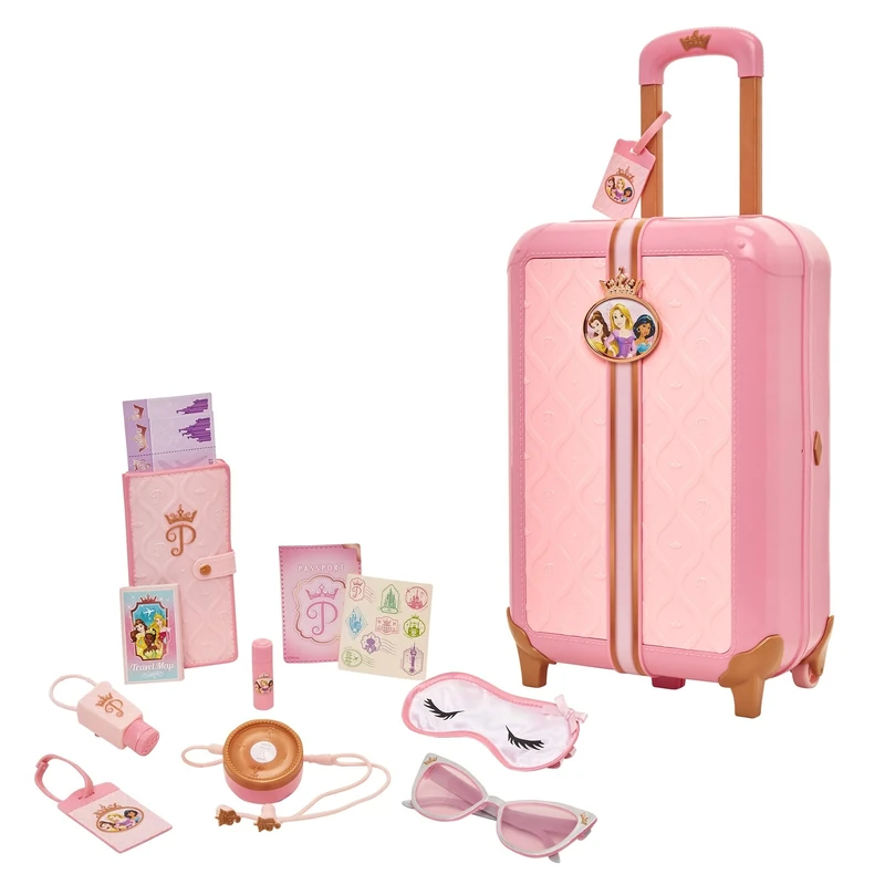 Disney Princess Style Collection Play Suitcase, Officially Licensed by Jakks Pacific, 17 Pretend Play Travel-Inspired Accessories, Includes Sleep Mask & Play Earbuds, Real Rolling Wheels, for 3+