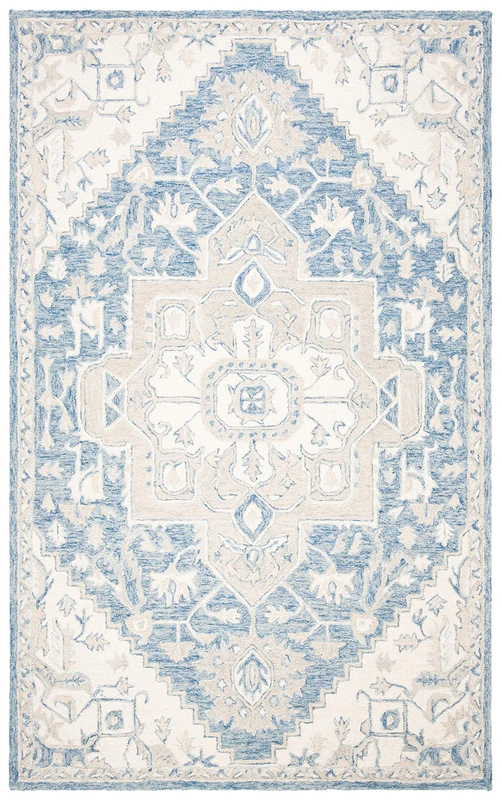 Safavieh Traditional Rug for Living Room, Dining Room, Bedroom - Micro-Loop Collection, Short Pile, in Blue and Ivory, 60 x 110 cm