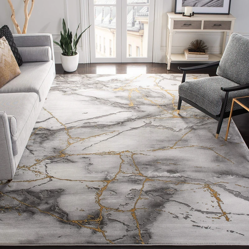 Safavieh Contemporary Rug for Living Room, Dining Room, Bedroom - Craft Collection, Short Pile, in Grey and Gold, 240 X 300 cm