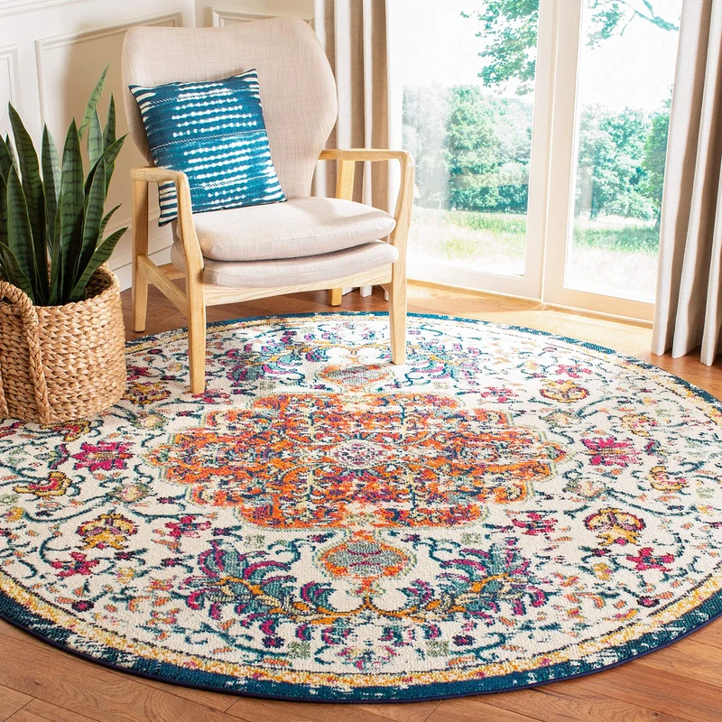 Safavieh Boho Rug for Living Room, Dining Room, Bedroom - Madison Collection, Short Pile, in Ivory and Orange, 201 x 201 cm