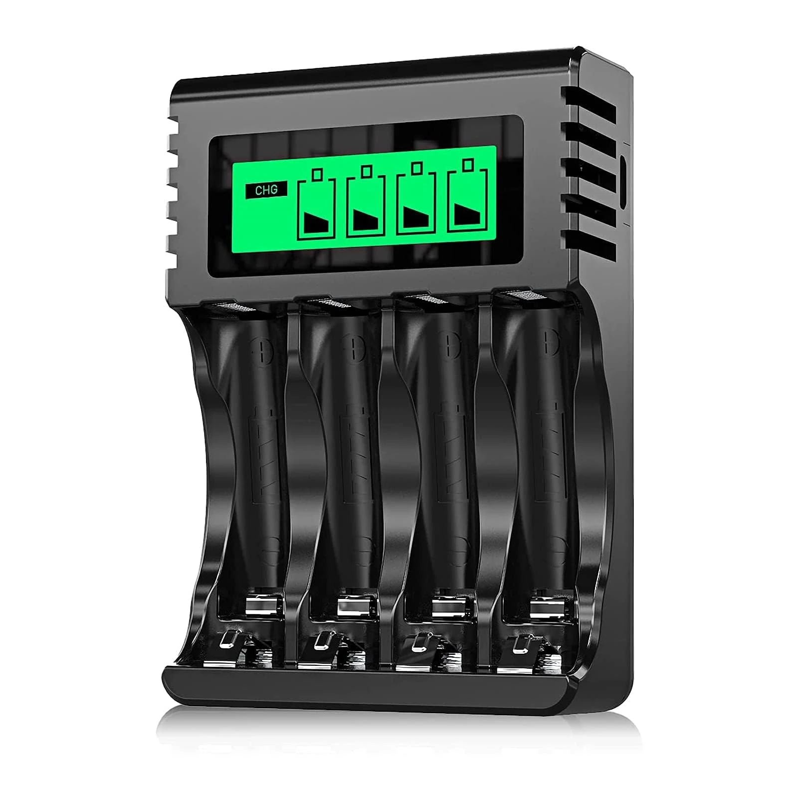 POWEROWL 4-slot AA AAA Battery Charger with LCD Display (USB Quick Charging, Independent Slot) for Ni-MH Rechargeable Batteries (Black)