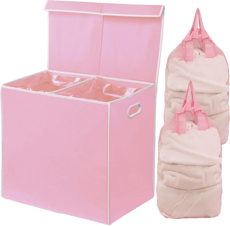 Simple Houseware Double Laundry Hamper with Lid and Removable Laundry Bags, Pink
