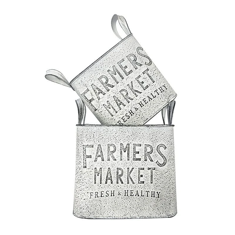 2 x Shabby Chic Vintage Designed Metal Planters Embossed Farmers Market Sign