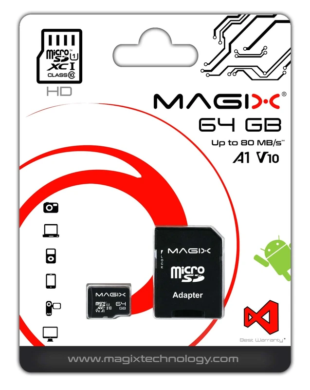 Magix 64GB microSD Card Class10 V10 U1, Read Speed Up to 80 MB/s, HD Series (SD Adapter Included)