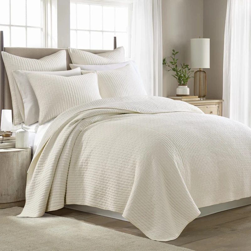 ATUIO Levtex Home - Cross Stitch Quilt Set - 100% Cotton - Full/Queen Quilt (88x92in.) + 2 Standard Shams (26x20in.) - Cream