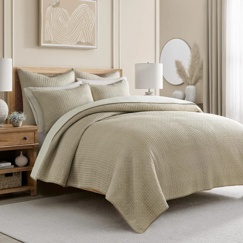AONELAS Levtex Cross Stitch Taupe Full/Queen Quilt Set
