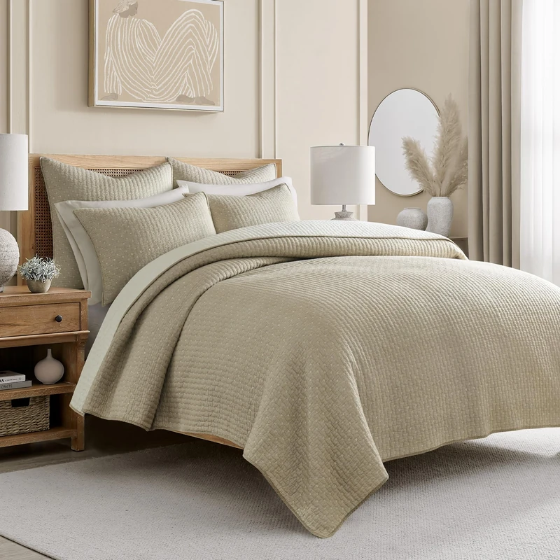 AONELAS Levtex Cross Stitch Taupe King Quilt Set