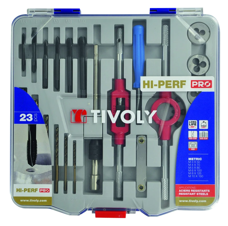 Tivoly 11900870016 MTF23 Case 23 Pieces 6 Taps DIN 352 Gun + 6 Dills 4 Accessories M3 to M10 + 6 Metal Drill Bits HSS Cobalt