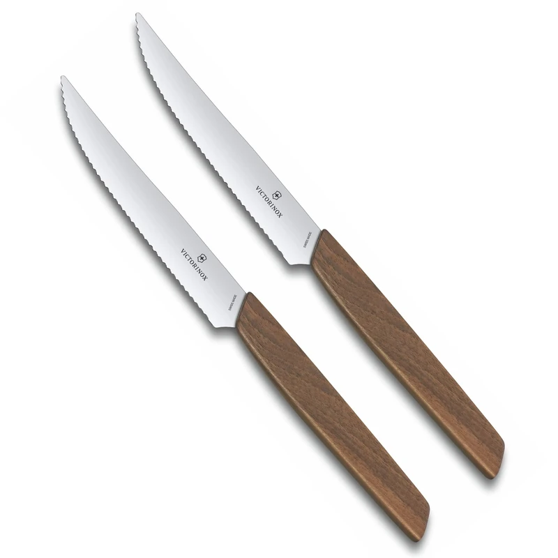 Victorinox Swiss Modern, Steak Knife Set, Set of 2, Extra Sharp Blade, Wavy Edge, 12 cm, Noble Wooden Handle, Stainless Steel, Brown