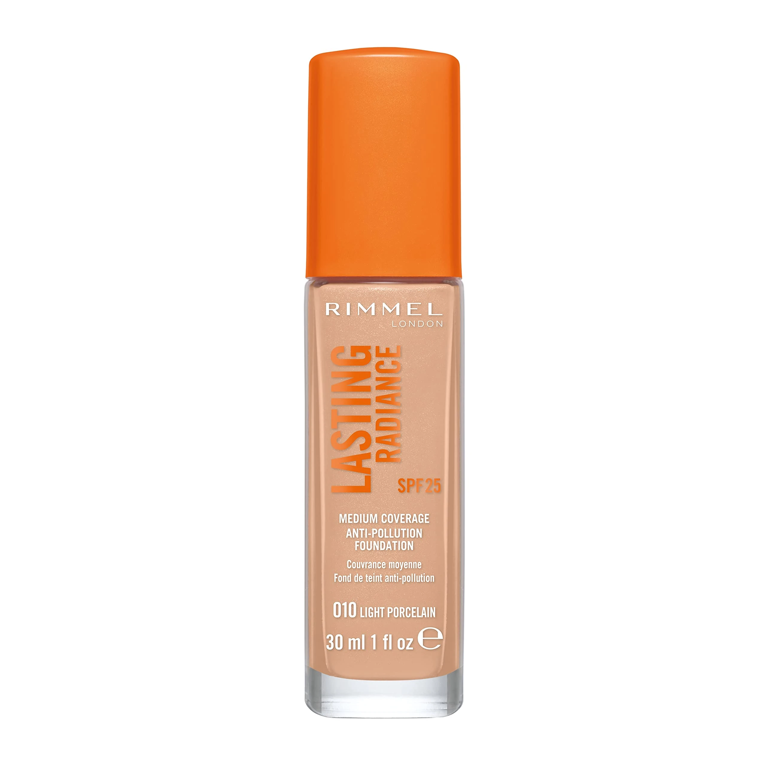 Rimmel Lasting Radiance Medium Coverage Anti Pollution Foundation, SPF 25, 010 Light Porcelain (Rimmel Wake Me Up Foundation Upgrade)