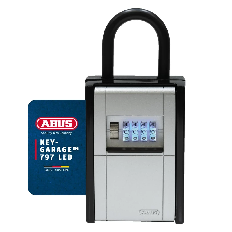 ABUS KeyGarage 797 LED – Key Lock Box with Shackle – Illuminated Dials for Easy Access in The Dark – Secure Storage for Keys or Small Valuables – Black-Silver