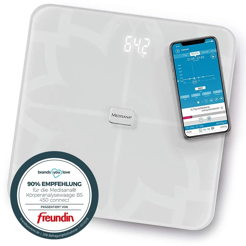 medisana BS 450 connect, digital body analysis scale 180 kg / 396 lbs white personal scale for measuring body fat, body water, muscle mass and bone weight, body fat scale with body analysis app
