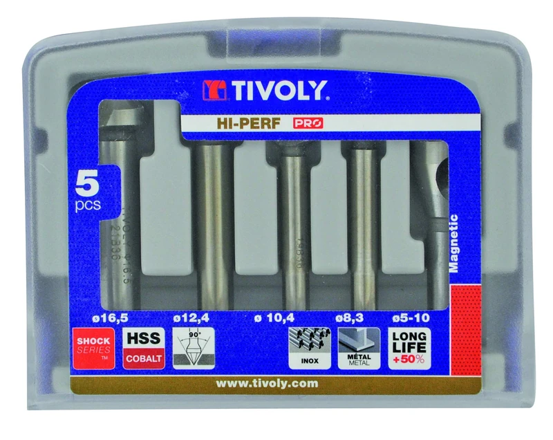Tivoly Set of 4 Walnut Cutters DIN 335C HSS Cobalt 5% at 90° Diameter 8, 3 to 16, 5 mm + 1 Deburring Bit 5-10