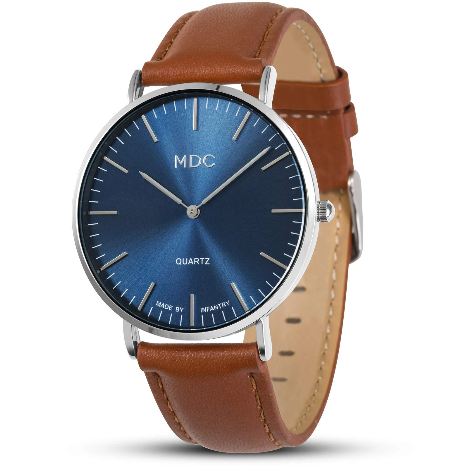 Infantry Mens Brown Leather Watch Analogue Quartz Wrist Watches Designer Gents Wristwatch for Men Minimalist Ultra Thin Slim Business Casual Leisure Deep Blue