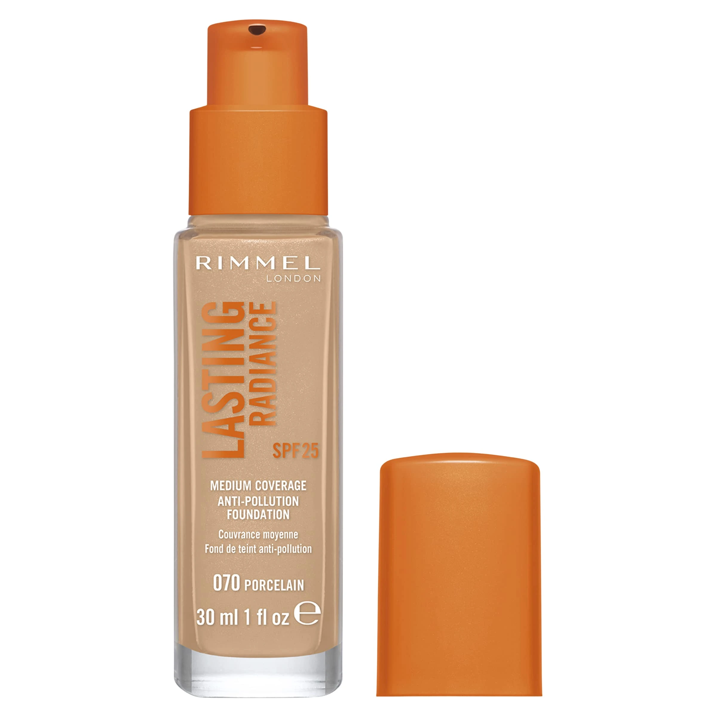 Rimmel Lasting Radiance Medium Coverage Anti Pollution Foundation, SPF 25, 070 Porcelain (Rimmel Wake Me Up Foundation Upgrade)