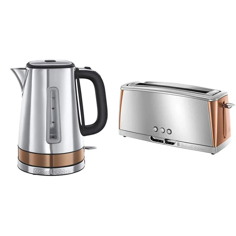 Russell Hobbs Luna Fast Boil Electric Kettle Cordless Stainless Steel with Long Slot Toaster, Long Slice or Two Slice Stainless Steel Toaster with Copper Accents