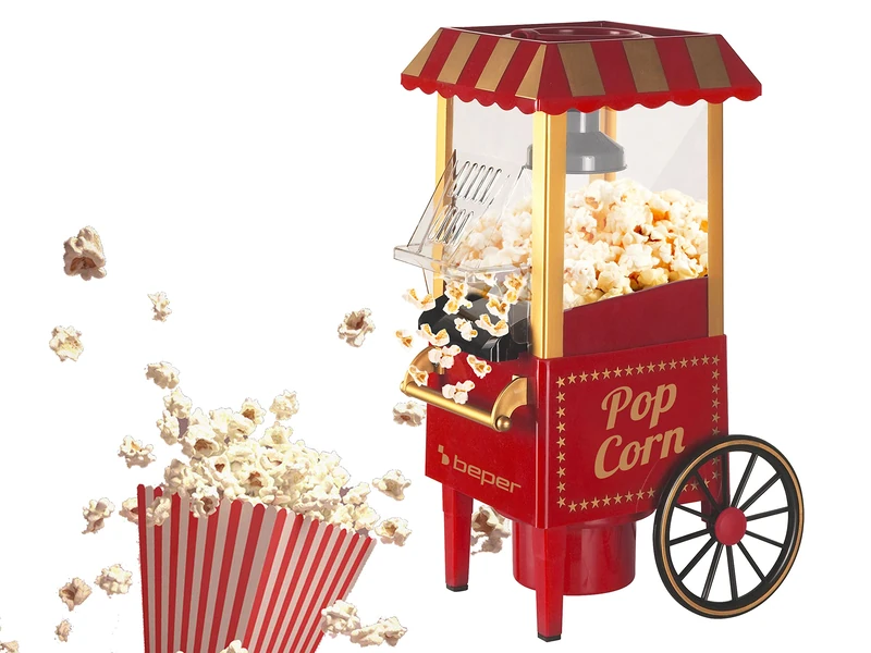 BEPER BT.651Y Popcorn Machine, Popcorn in 3 Minutes, No Grease, Hot Air Circulation, Oil-Free 1200 W Power, Red/Gold - Image 1