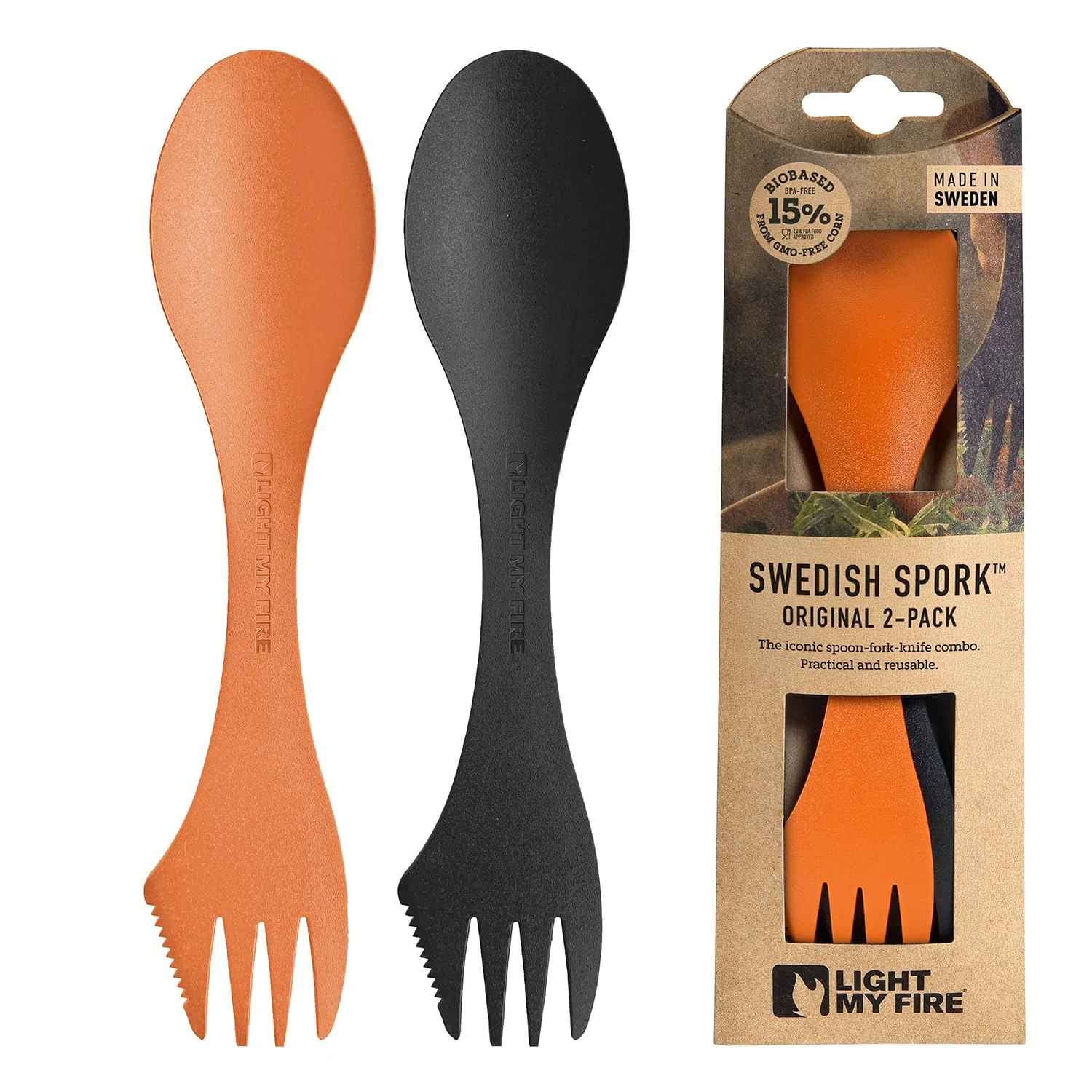 Light My Fire Spork Original 2-Pack 3-in-1 Camping Accessories Knife Fork Spoon Set Survival Camping Gifts for Scouts, Reusable Travel Cutlery Set, Quality Plastic Cutlery BPA Free Sporks Orange/Black