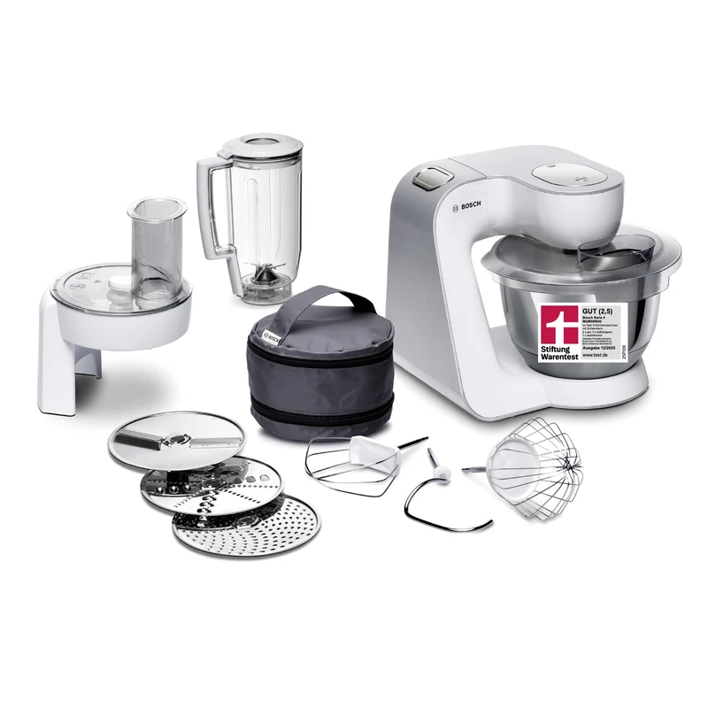 Bosch Food Processor Series 4 MUM58W20, Stainless Steel Bowl 3.9 L, Mixer 1.25 L, Planetary Mixer, Dough Hook, Beater and Whisk Stainless Steel, Continuous Shredder, 3 Slices, 1000 W, White