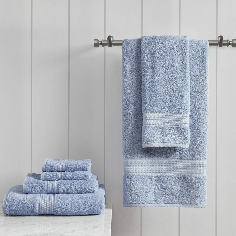 Madison Park Organic 100% Cotton Bathroom Towel Set Hotel & Spa Quality Highly Absorbent, Quick Dry, Include for Shower, Handwash & Face Washcloth, Multi-Sizes, Blue 6 Piece