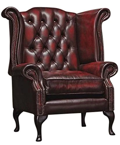Chesterfield Queen Anne Wingback Chair – 100% Genuine Oxblood Red Leather – Antique Buttoned Armchair with Mahogany Legs – Classic Vintage Lounge Chair