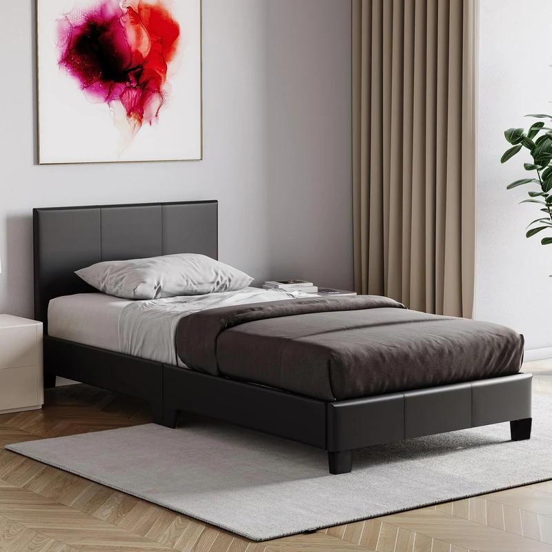 Vida Designs Lisbon Single 3Ft Bed Frame Upholstered Faux Leather Headboard Low Foot End Bedroom Furniture, Black (UKFR Certified)