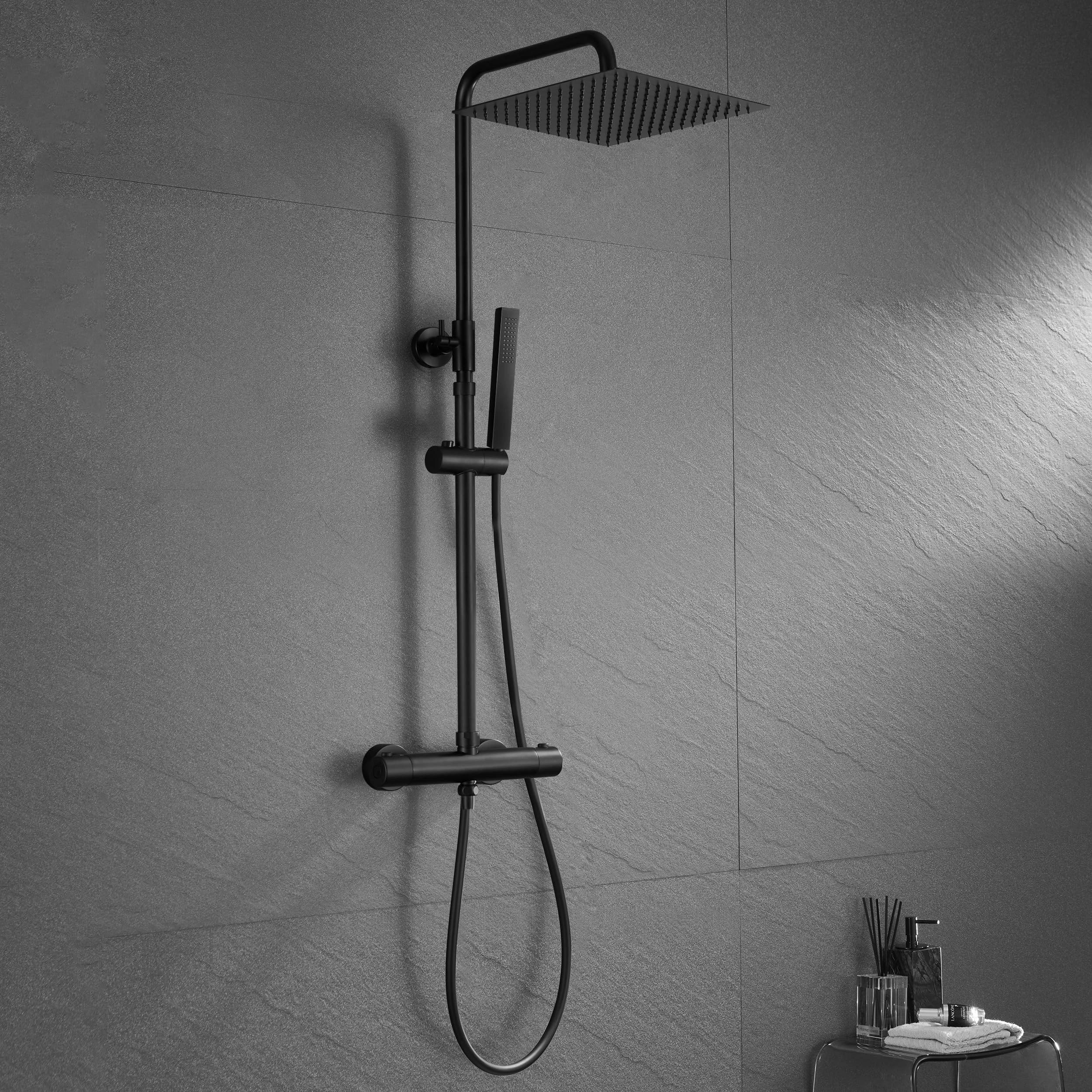 JOHO Thermostatic Shower Set Stainless Steel Shower System with Thermostatic Fitting XL Shower Head Matt Black 25 x 25 cm