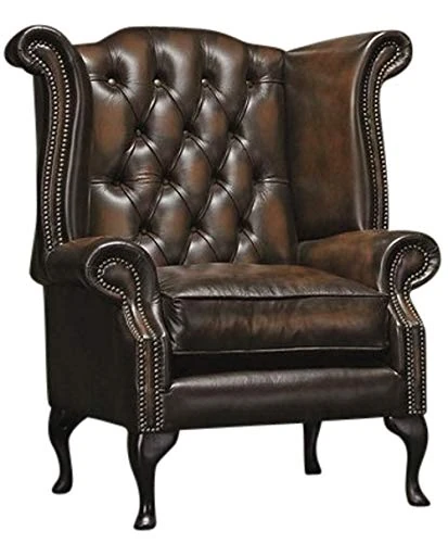 Queen Anne Chesterfield Chair | 100% Genuine Brown Leather | High Back Wing Armchair with Mahogany Legs | Traditional Vintage Lounge Chair (Brown)