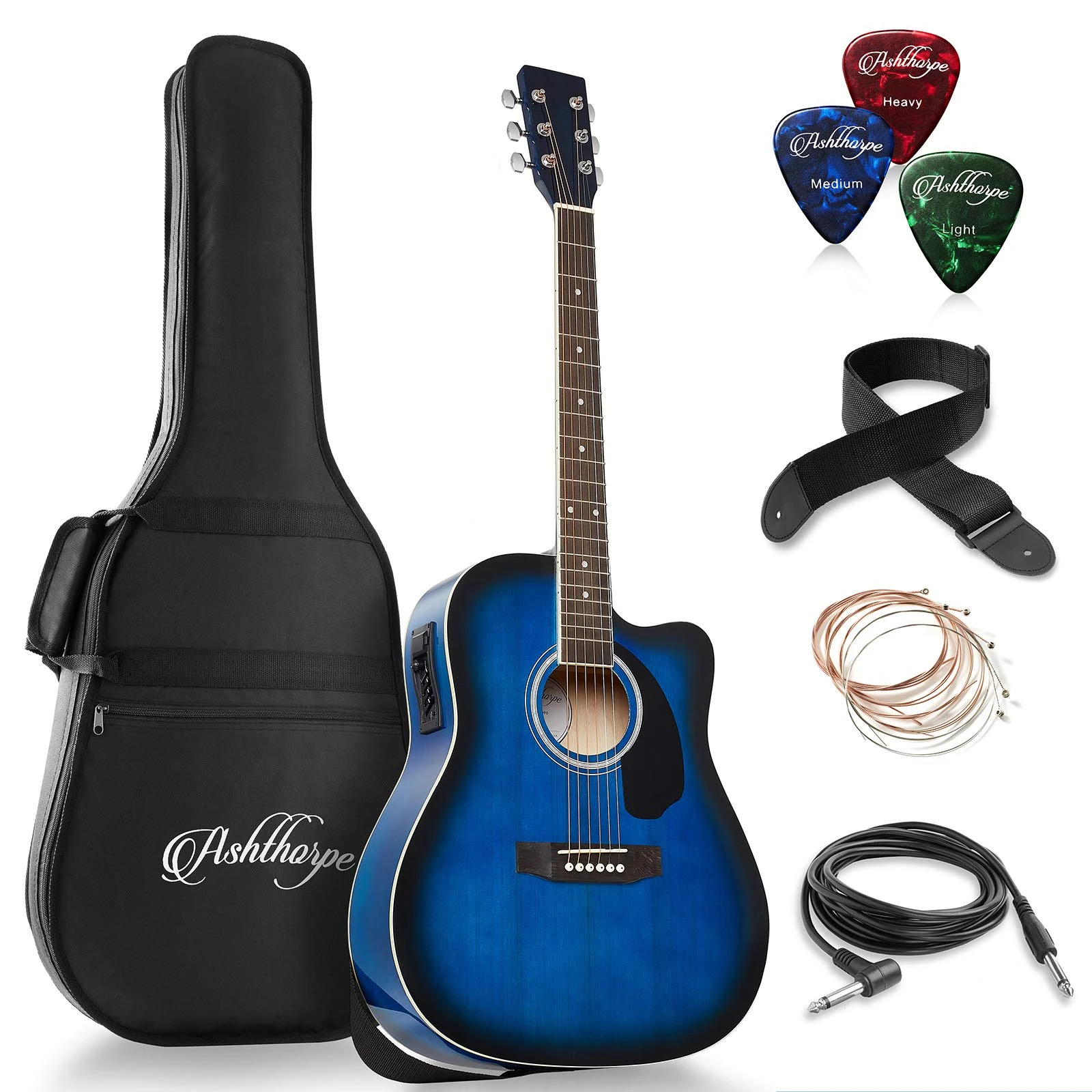 Ashthorpe Full-Size Dreadnought Cutaway Acoustic-Electric Guitar Bundle - Premium Tonewoods - Blue