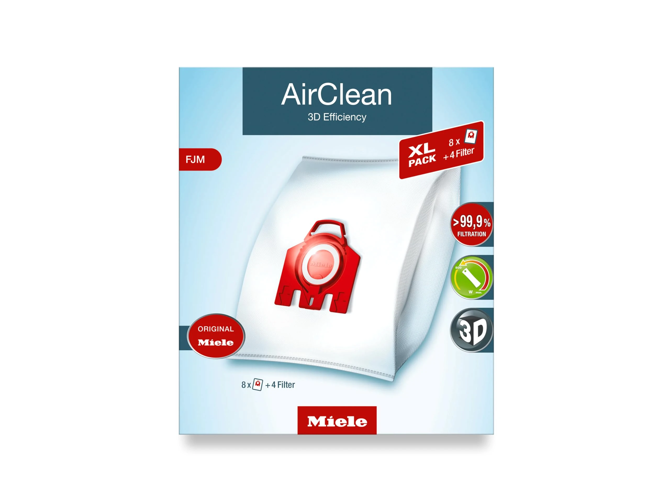 Miele AirClean 3D Efficiency Dust Bag, Type FJM, XL Value Pack, 8 Bags & 4 Filters package may vary