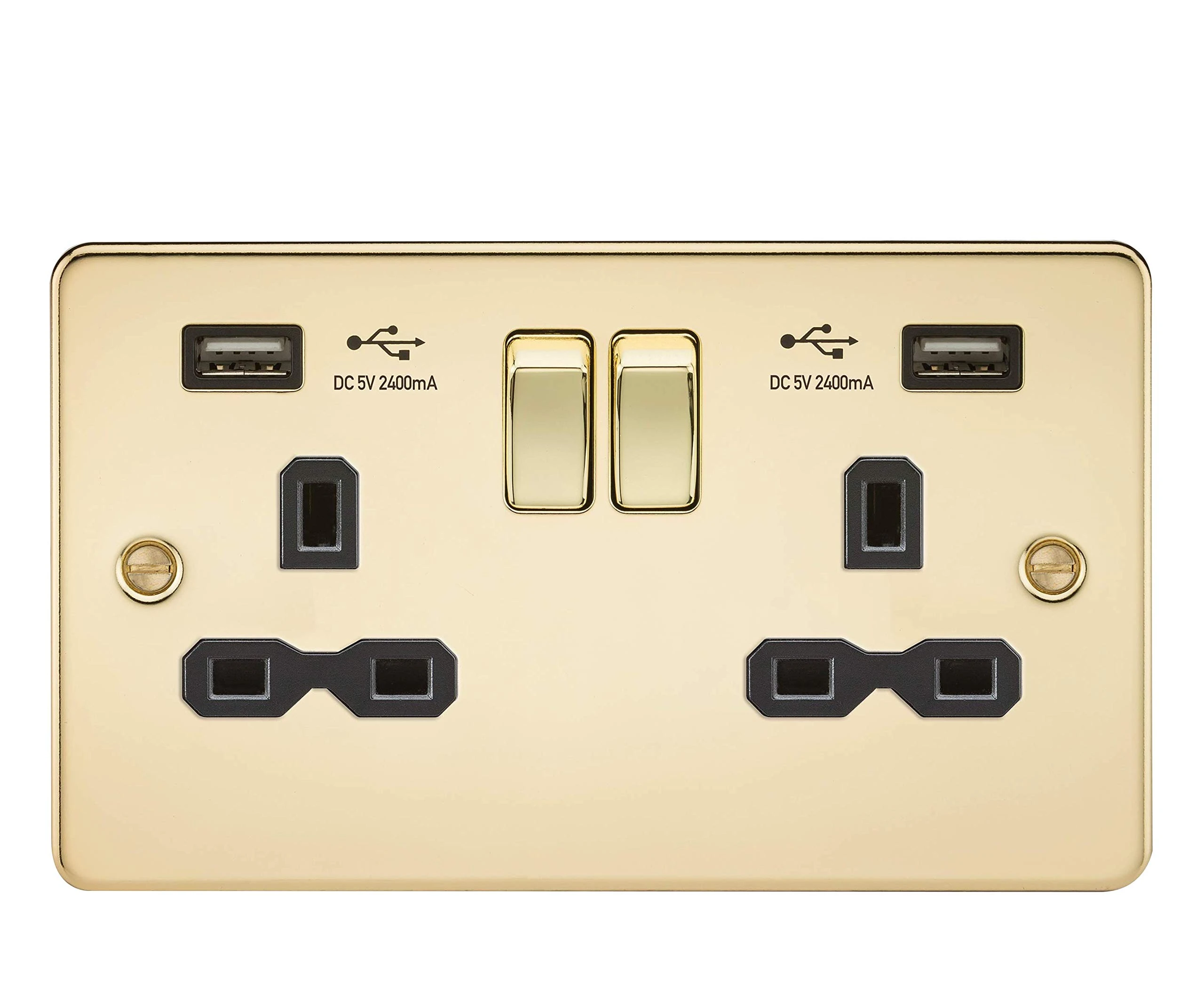 Flat Plate Double Socket with Dual USB Charger in Polished Brass with Black Insert