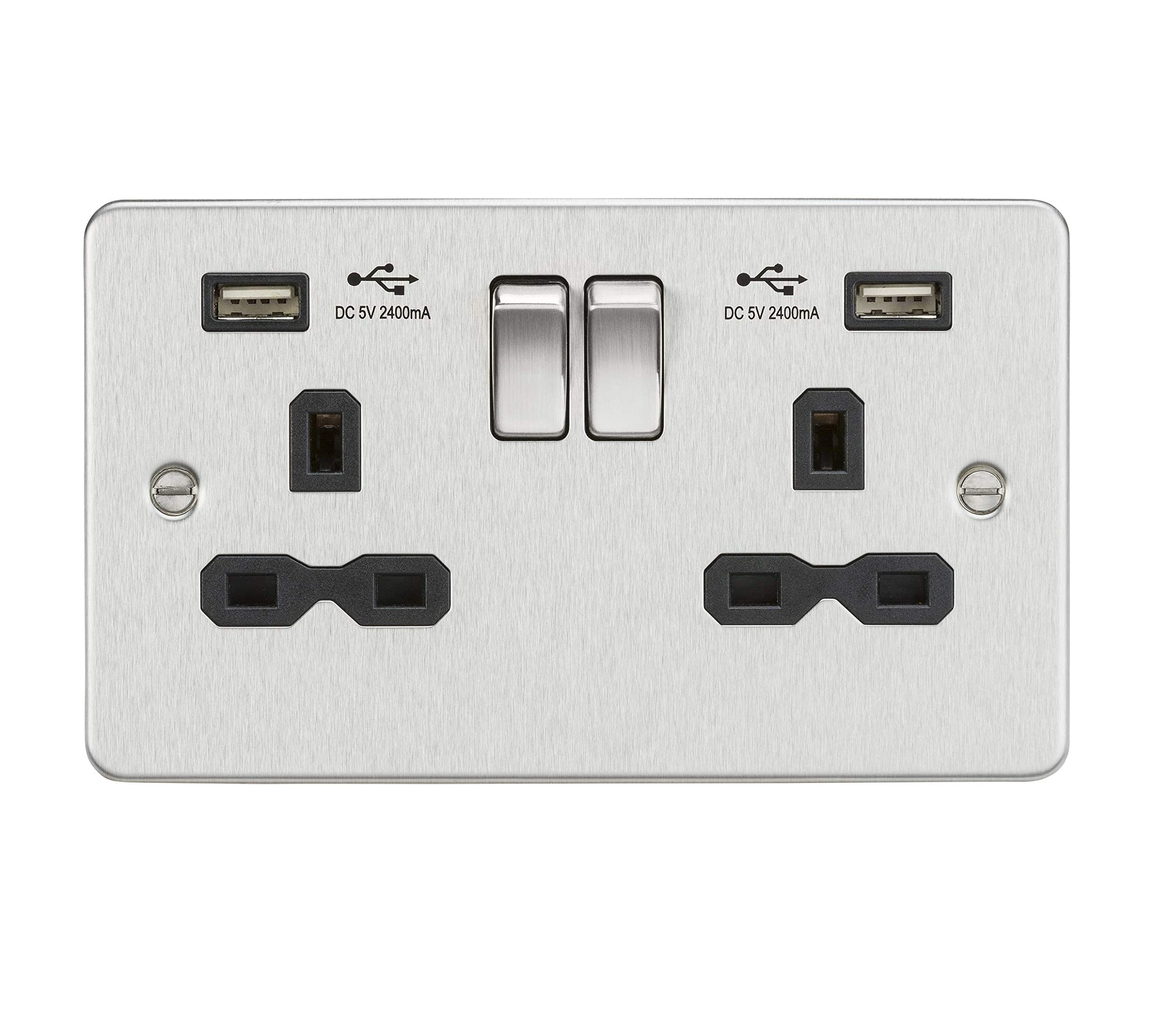 13A 2G Switched Socket with Dual USB Charger A + A (2.4A) - Brushed Chrome with Black Insert