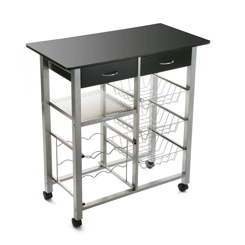 Versa 15810410 Kitchen Trolley with Integrated Bottle Rack 82 x 40 x 76 cm 4 Wheels White 82 x 40 x 76 cm Black